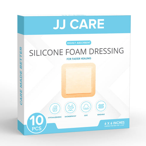 JJ CARE Silicone Foam Dressing 6x6 Inch - (Pack of 5, 10)