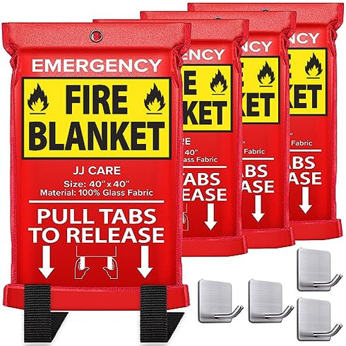 JJ CARE Fire Blanket – 4 Packs with Hooks – Emergency Fire Blanket for Home & Kitchen, High Heat Resistant Fire Suppression Blankets for Home Safety, Kitchen, and Camping