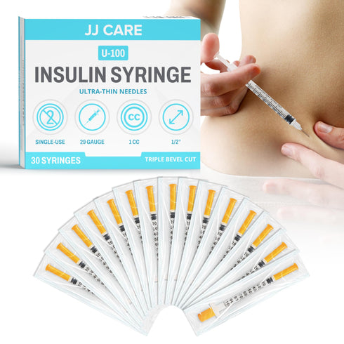JJ CARE Insulin Syringe (Pack of 30) 1cc/ml 29G 1/2", U-100 Insulin Syringes for Diabetic Management, Ultra Fine Single Use Insulin Needles, Disposable & Sterile Diabetic Syringes, Individually Wrapped