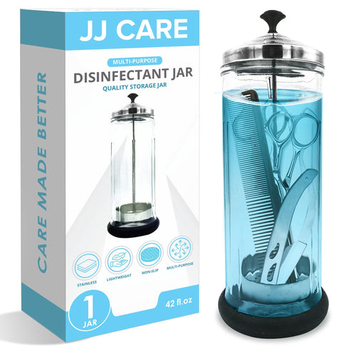 JJ CARE Disinfectant Jar (42 oz) - Barber Jar Glass, Sanitizer Disinfectant Glass Jar, Barber Disinfectant Jar, Implement Disinfectant Container w/Stainless Steel Removable Strainer & Cap - Black Lid