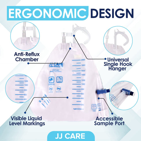 JJ CARE Catheter Bags - Pack of 6 Urinary Drainage Bag, 2000 ml Urine Bags with 42" Drainage Tube, Disposable Anti-Reflux Chamber, Leak Proof Vinyl Urine Bags with Double Hook Hanger for Men & Women