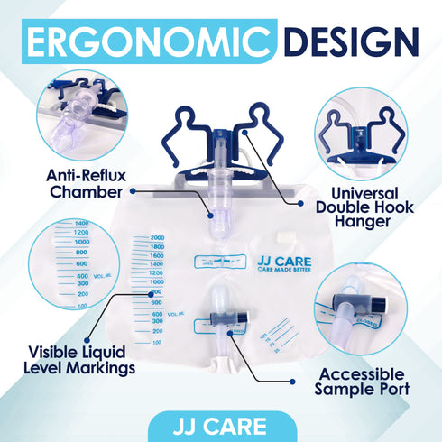 JJ CARE 2000 ml Urinary Drainage Bag w/ 48" Drainage Tube (Pack of 6), Disposable Anti-Reflux Chamber Urine Bags with Double Hook Hanger, Leak Resistant Vinyl Catheter Bags for Men and Women