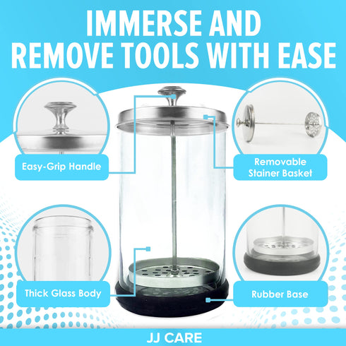 JJ CARE Disinfectant Jar (21oz) - Barber Jar Glass, Sanitizer Disinfectant Glass Jar, Barber Disinfectant Jar, Implement Disinfectant Container w/Stainless Steel Removable Strainer & Cap - Silver Lid