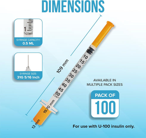 JJ CARE Insulin Syringe (Pack of 100) 0.5cc/ml 31G 5/16", U-100 Insulin Syringes, Ultra Fine Single Use Insulin Needles, Disposable & Sterile Diabetic Syringes, Individually Wrapped