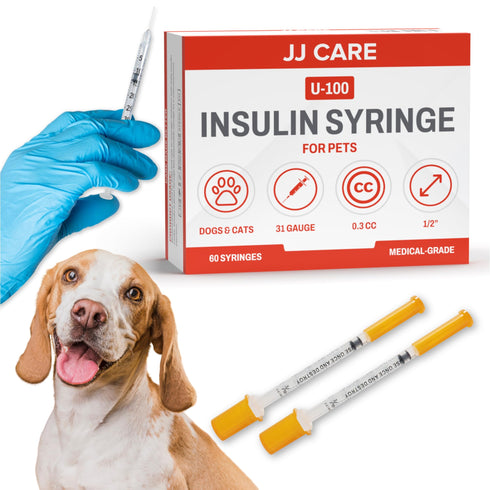 JJ CARE Insulin Syringes for Pets (60-Pack) – 31G, 3/10cc, 1/2", U-100, Half-Unit Markings – Disposable Syringes for Cats & Dogs, Accurate Dosing Syringe