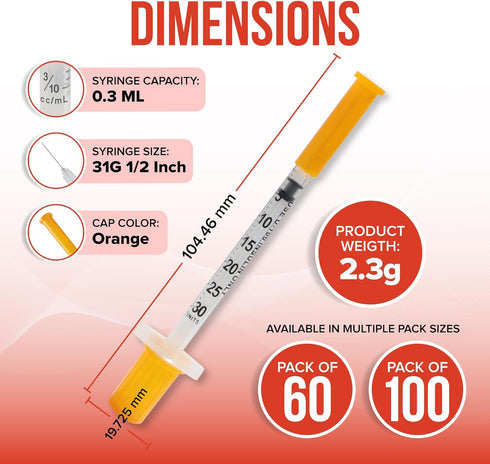 JJ CARE Insulin Syringe for Pets (Pack of 100) 31g 3/10cc 1/2”, U-100 Pet; Accurate Dosing Pet Syringes with Needle, Half Unit Markings Syringes for Cats and Dogs