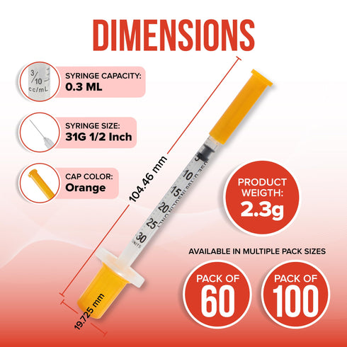 JJ CARE Insulin Syringes for Pets (60-Pack) – 31G, 3/10cc, 1/2", U-100, Half-Unit Markings – Disposable Syringes for Cats & Dogs, Accurate Dosing Syringe