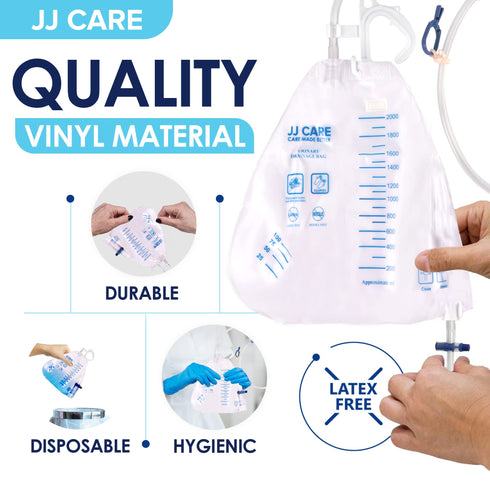 JJ CARE Catheter Bags - Pack of 6 Urinary Drainage Bag, 2000 ml Urine Bags with 42" Drainage Tube, Disposable Anti-Reflux Chamber, Leak Proof Vinyl Urine Bags with Double Hook Hanger for Men & Women