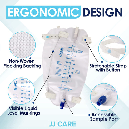JJ CARE Urinary Drainage Leg Bag - Pack of 3 Catheter Leg Bag, Anti-Reflux Valved Disposable Urine Leg Bag with 18" Drainage Tube & Stepped Connector, 1000 ml Capacity Urinary Drainage Bag