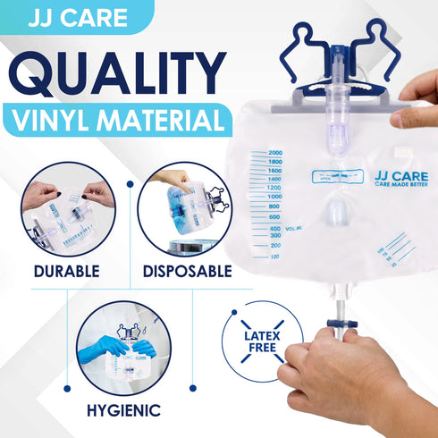 JJ CARE 2000 ml Urinary Drainage Bag w/ 48" Drainage Tube (Pack of 6), Disposable Anti-Reflux Chamber Urine Bags with Double Hook Hanger, Leak Resistant Vinyl Catheter Bags for Men and Women