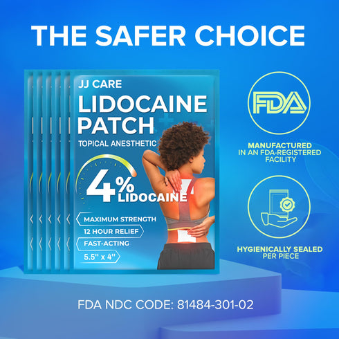 JJ CARE Lidocaine Patches (12 PCS), 4% Lidocaine Pain Patches Maximum Strength, 4” x 5.5” Pain Relief Patches for Fast Numbing of Aches, Pains, Neck, Shoulder, Muscle Soreness, Back Pain Patch