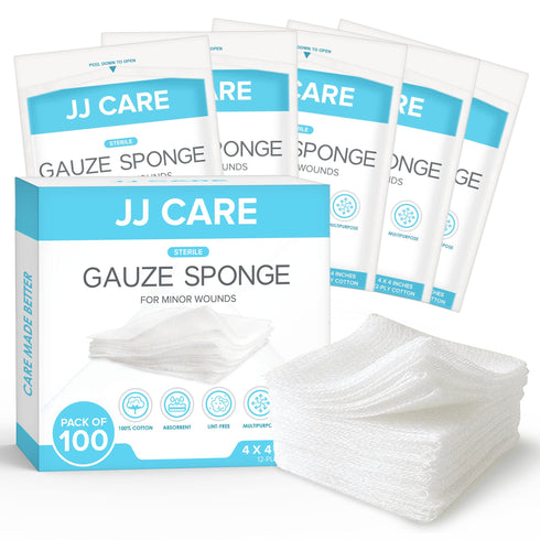 JJ CARE Sterile Gauze Pads (Pack of 100), 12-Ply Cotton Gauze Pads, Individually-Wrapped Sterile Gauze Sponges, 100% Woven, Non-Stick Medical Gauze Pads for First Aid Kit & Wound Care