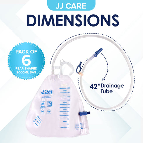 JJ CARE Catheter Bags - Pack of 6 Urinary Drainage Bag, 2000 ml Urine Bags with 42" Drainage Tube, Disposable Anti-Reflux Chamber, Leak Proof Vinyl Urine Bags with Double Hook Hanger for Men & Women