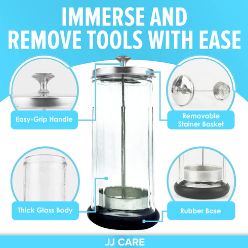 JJ CARE Disinfectant Jar (42oz) - Barber Jar Glass, Sanitizer Disinfectant Glass Jar, Barber Disinfectant Jar, Implement Disinfectant Container w/Stainless Steel Removable Strainer & Cap - Silver Lid