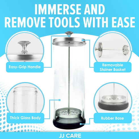 JJ CARE Disinfectant Jar (35oz) - Barber Jar Glass, Sanitizer Disinfectant Glass Jar, Barber Disinfectant Jar, Implement Disinfectant Container w/Stainless Steel Removable Strainer & Cap - Silver Lid