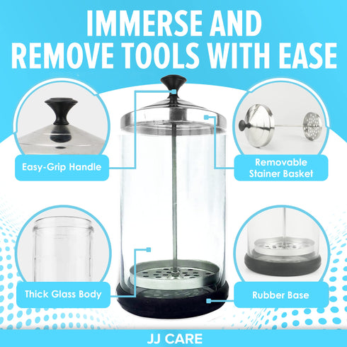 JJ CARE Disinfectant Jar (21 oz) - Barber Jar Glass, Sanitizer Disinfectant Glass Jar, Barber Disinfectant Jar, Implement Disinfectant Container w/Stainless Steel Removable Strainer & Cap - Black Lid