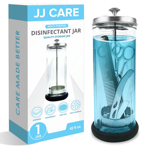JJ CARE Disinfectant Jar (42oz) - Barber Jar Glass, Sanitizer Disinfectant Glass Jar, Barber Disinfectant Jar, Implement Disinfectant Container w/Stainless Steel Removable Strainer & Cap - Silver Lid