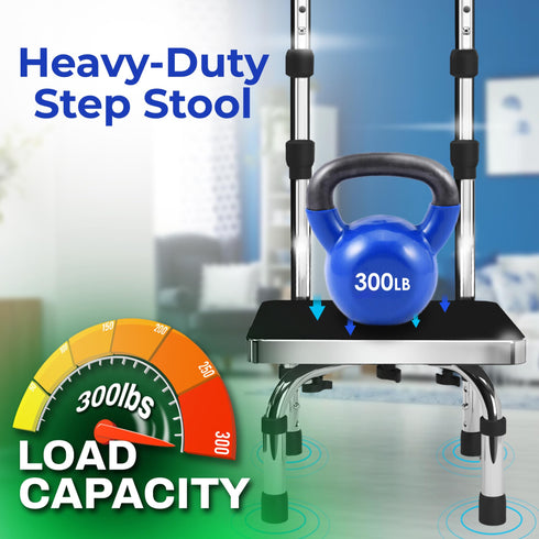 JJ CARE Step Stool with Handle (300 lbs. Capacity), Adjustable Step Stools for Adults with Handrail, Non-Slip Heavy Duty Step Stool for Elderly, Steel Frame Platform and Height Adjustable Step Stool