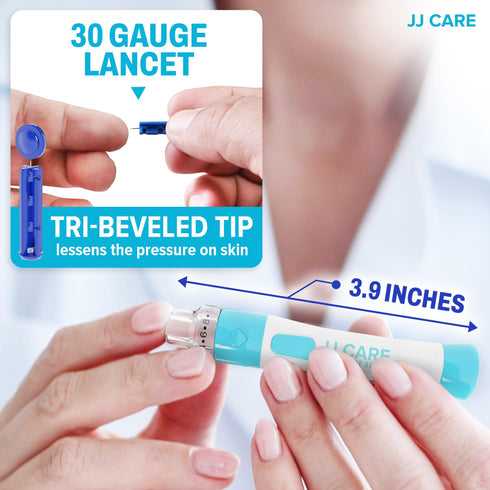 JJ CARE Lancing Device with 120 PCS Twist Off Lancets (30 gauge), 10 Adjustable Depth Settings, Lancing Device for Diabetes Testing with Push Button Ejector, Lancet Device for Blood Glucose Testing