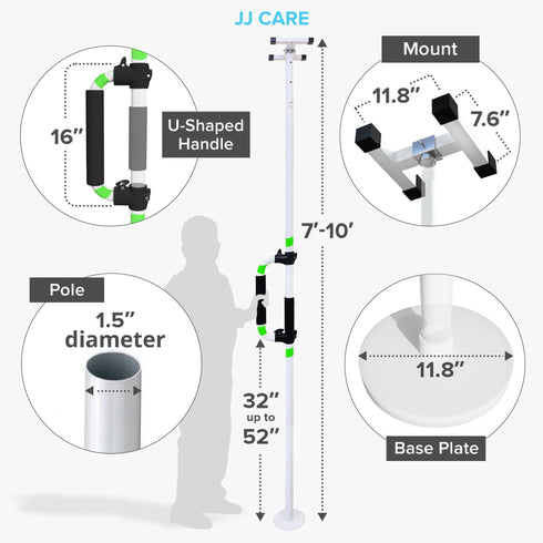 JJ CARE Transfer Pole - Floor to Ceiling Grab Bar with Adjustable Handle Height, 7 to 10 ft Grab Bar Pole for Elderly, Stability Rail with 4 Reflective Stickers on Handle, Supports Up to 220 lbs