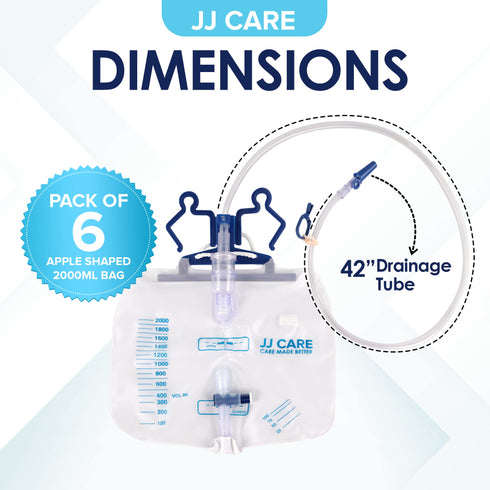 JJ CARE 2000 ml Urinary Drainage Bag w/ 48" Drainage Tube (Pack of 6), Disposable Anti-Reflux Chamber Urine Bags with Double Hook Hanger, Leak Resistant Vinyl Catheter Bags for Men and Women