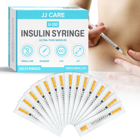 JJ CARE Insulin Syringe (Pack of 100) 1cc/ml 30G 1/2", U-100 Insulin Syringes for Diabetic Management, Ultra Fine Single Use Insulin Needles, Disposable & Sterile Diabetic Syringes, Individually Wrapped