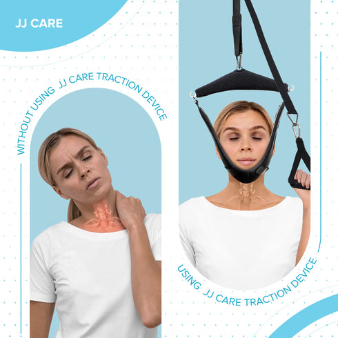 JJ CARE Neck Stretcher - Cervical Traction Device for Chiropractor - Cervical Neck Traction Device Over The Door for Home Use - 6-Piece Set Neck Sling for Home Physical Therapy with Door Stop Sign
