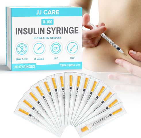 JJ CARE Insulin Syringe (Pack of 100) 1cc/ml 30G 5/16", U-100 Insulin Syringes , Ultra Fine Single Use Insulin Needles, Disposable & Sterile Diabetic Syringes, Individually Wrapped