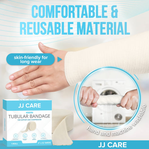 JJ CARE Tubular Bandage, 3” x 12 Yards Stockinette Tubing for Upper Arms, Ankle and Knees, Size D Reusable Elastic Bandage Sleeve, Tubular Compression Bandage Roll for Elbows, Rubber Latex w/Cotton