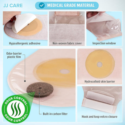 JJ CARE Colostomy Bags 20 PCS, One-Piece Pouching Ostomy Bags, No Mess Ostomy Supplies for Ileostomy, Colostomy, Urostomy Stoma Care with Odor Barrier, Drainable Ostomy Pouch with Cut to Fit Closure