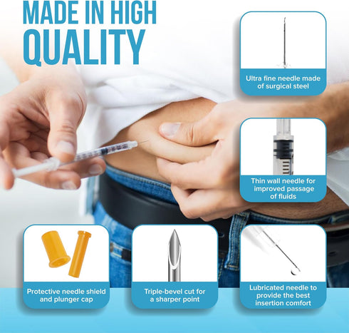 JJ CARE Disposable Syringe Pack (30 Count) – 1cc/mL, 30G 1/2", Ultra-Fine, Single-Use, Sterile & Individually Wrapped