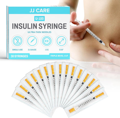 JJ CARE Insulin Syringe (Pack of 30) 1cc/ml 31G 5/16", U-100 Insulin Syringes, Ultra Fine Single Use Insulin Needles, Disposable & Sterile Diabetic Syringes, Individually Wrapped