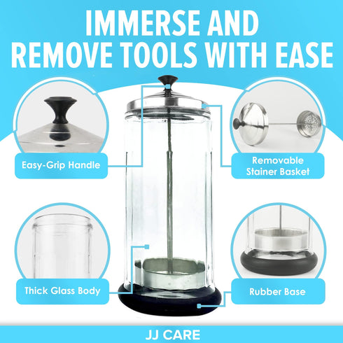 JJ CARE Disinfectant Jar (42 oz) - Barber Jar Glass, Sanitizer Disinfectant Glass Jar, Barber Disinfectant Jar, Implement Disinfectant Container w/Stainless Steel Removable Strainer & Cap - Black Lid