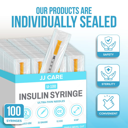 JJ CARE Disposable Syringes (Pack of 100) 0.3cc/ml – 31G 5/16", U-100, Sterile Insulin Syringe, Individually Wrapped Ultra Fine Single Use Diabetic Syringes