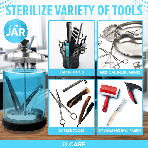 JJ CARE Disinfectant Jar (21 oz) - Barber Jar Glass, Sanitizer Disinfectant Glass Jar, Barber Disinfectant Jar, Implement Disinfectant Container w/Stainless Steel Removable Strainer & Cap - Black Lid