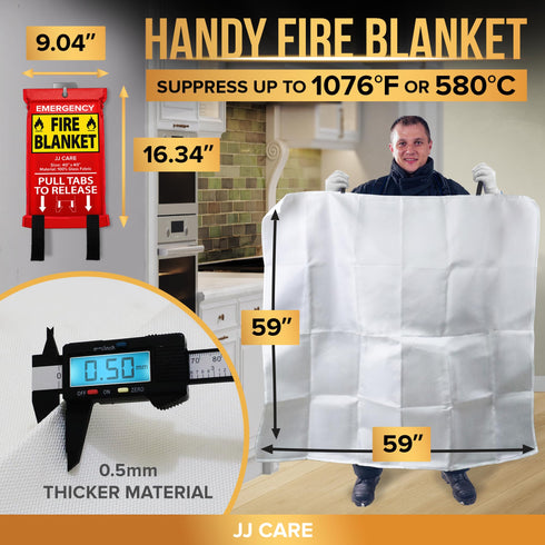 JJ CARE Fire Blanket - (Large) 4.9x4.9ft with Hooks & Gloves, Emergency Fire Blanket for Home & Kitchen, High Heat Resistant Fire Suppression Blankets for Home Safety, Kitchen, Camping