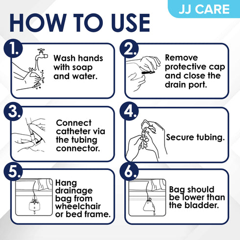 JJ CARE 2000 ml Urinary Drainage Bag w/ 48" Drainage Tube (Pack of 6), Disposable Anti-Reflux Chamber Urine Bags with Double Hook Hanger, Leak Resistant Vinyl Catheter Bags for Men and Women