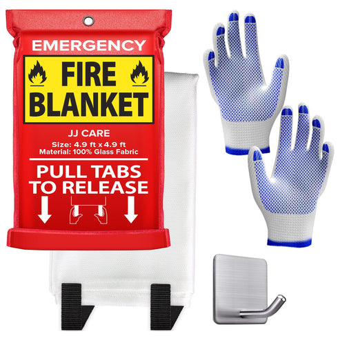 JJ CARE Fire Blanket - (Large) 4.9x4.9ft with Hooks & Gloves, Emergency Fire Blanket for Home & Kitchen, High Heat Resistant Fire Suppression Blankets for Home Safety, Kitchen, Camping