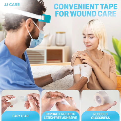 JJ CARE Transparent Medical Tape (Pack of 12), 1 x 10 yards Clear Surgical Tape for Wounds, No Residue Medical Tape, Clear First Aid Tape Roll and Easy-Tear Medical Tape for Wound Care
