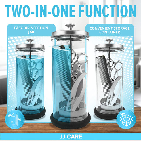 JJ CARE Disinfectant Jar (42oz) - Barber Jar Glass, Sanitizer Disinfectant Glass Jar, Barber Disinfectant Jar, Implement Disinfectant Container w/Stainless Steel Removable Strainer & Cap - Silver Lid