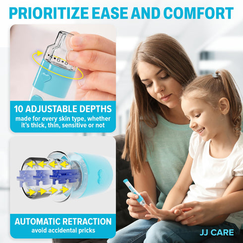 JJ CARE Lancing Device, Lancet Pen with 10 Adjustable Depth Settings, Lancing Device for Diabetes Testing with Push Button Ejector, Diabetic Lancet Device Reduce Pain for Blood Glucose Testing
