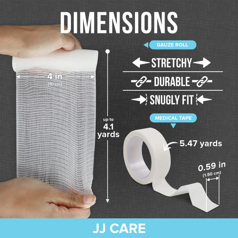 JJ CARE Gauze Rolls Pack of 24, Individually Wrapped Gauze Bandage Roll, with Bonus Medical Tape, 4 inches x 4.1 Yards Rolled Gauze, Latex Free & Stretchable Gauze Rolls