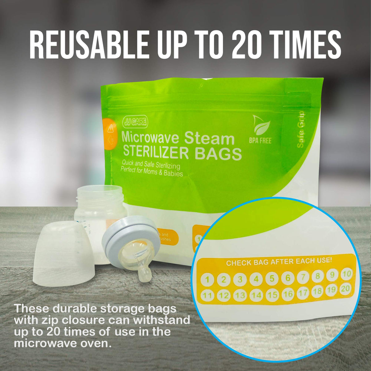 JJ CARE [Pack of 30] Microwave Steam Sterilizer Bags 600 Uses Reusable  Baby Bottle Sterilizer Bags Steam Bags for Breast Pump Microwave