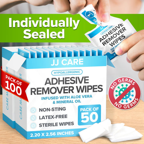 JJ Care Adhesive Remover Wipes (Pack of 100), Adhesive Remover for Skin, No Sting Medical Adhesive Remover, Ostomy Adhesive Remover