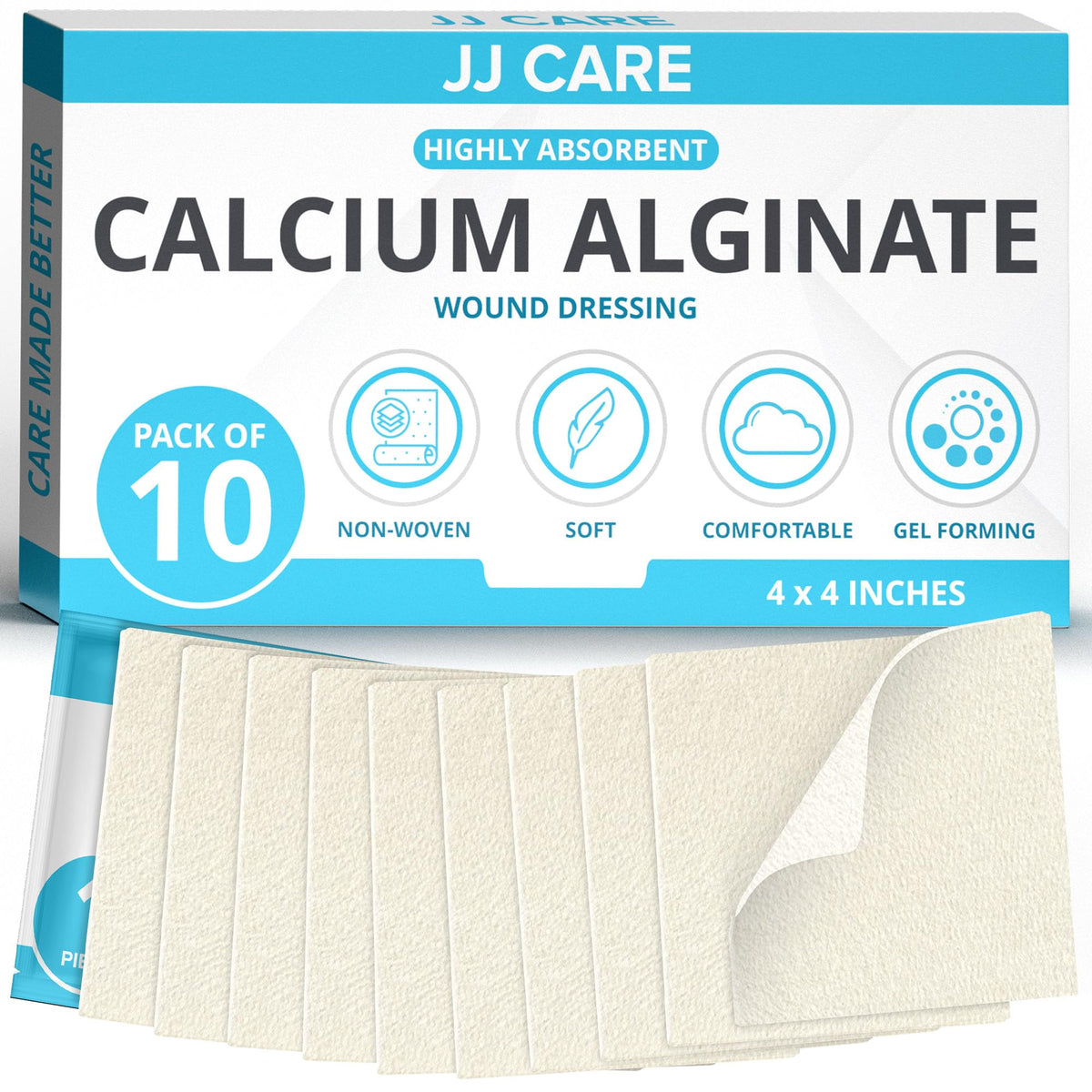 JJ CARE Calcium Alginate Wound Dressing 4x4 (Pack of 10), Sterile Calc