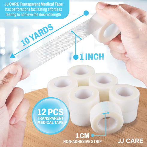 JJ CARE Transparent Medical Tape (Pack of 12), 1 x 10 yards Clear Surgical Tape for Wounds, No Residue Medical Tape, Clear First Aid Tape Roll and Easy-Tear Medical Tape for Wound Care