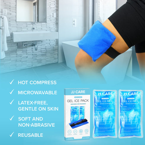 JJ CARE Gel Ice Packs Reusable - Pack of 2 Soft Ice Pack for Injuries with Wrap - Hot & Cold Pack Compress for Pain Relief, Rehabilitation, Flexible Therapy, for Knee, Back, Neck, Wrist, & Ankle