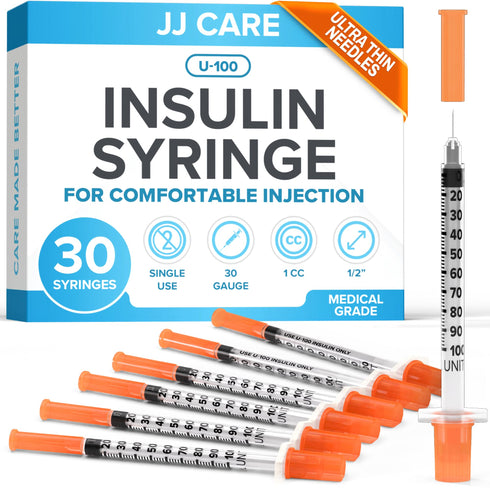 JJ CARE Disposable Syringe Pack (30 Count) – 1cc/mL, 30G 1/2", Ultra-Fine, Single-Use, Sterile & Individually Wrapped