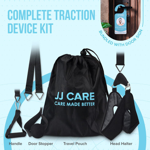 JJ CARE Neck Stretcher - Cervical Traction Device for Chiropractor - Cervical Neck Traction Device Over The Door for Home Use - 6-Piece Set Neck Sling for Home Physical Therapy with Door Stop Sign