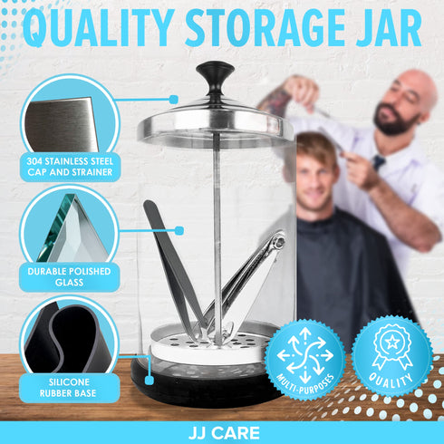 JJ CARE Disinfectant Jar (21 oz) - Barber Jar Glass, Sanitizer Disinfectant Glass Jar, Barber Disinfectant Jar, Implement Disinfectant Container w/Stainless Steel Removable Strainer & Cap - Black Lid